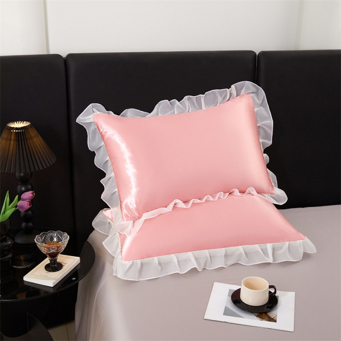 91家纺网 家纺一手货源 找家纺 梦舒羽 2025新款公主风夏季冰丝枕套单人一对装可水洗花边枕头套宿舍48x74cm枕芯套枕头套 花边款-玉色