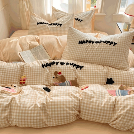  2025新款水洗棉猫咪毛巾绣四件套 礼物腊肠狗