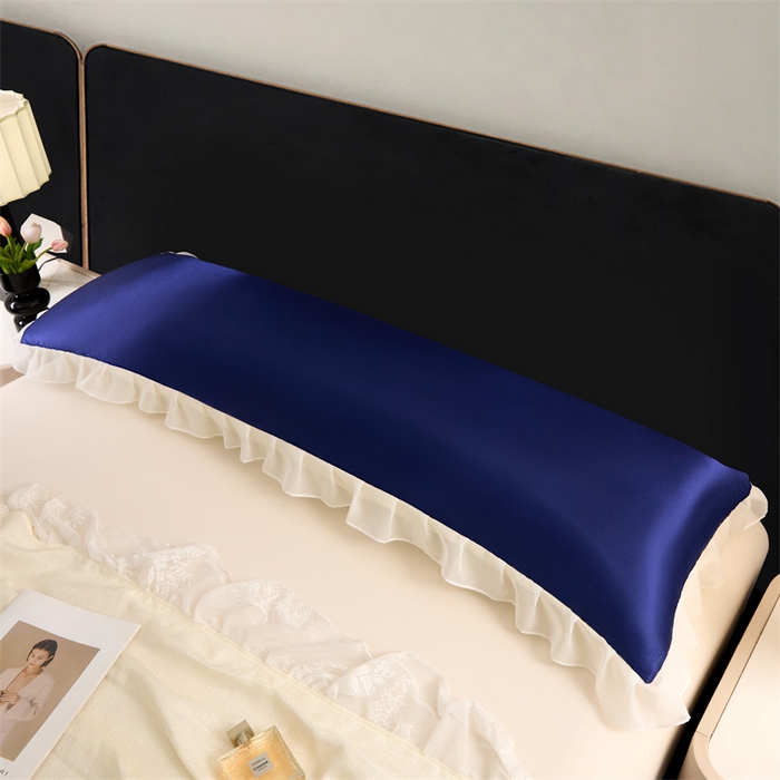 91家纺网 家纺一手货源 找家纺 梦舒羽 2025新款公主风夏季冰丝枕套双人情侣枕头套加长枕芯套1.5m内胆套 花边款-深海蓝