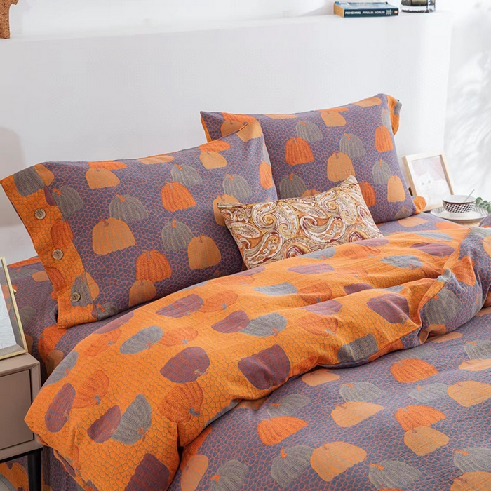 91家纺网 家纺一手货源 找家纺 双层纱家居 2025新款浅色系列双层纱四件套 南瓜-橘蓝