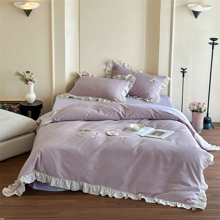 91家纺网 家纺一手货源 找家纺 （总）名品优仓 2025新款纯棉水洗棉双层纱提花手工花韩版花边四件套