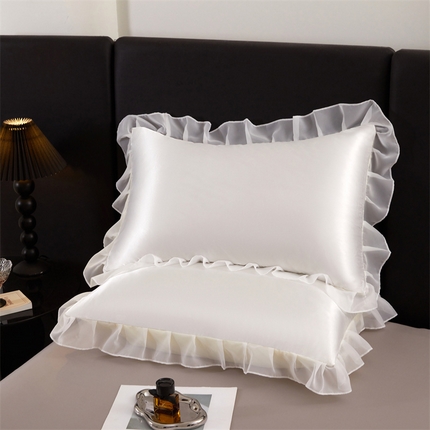 91家纺网 家纺一手货源 找家纺 圣比熊 2025新款公主风夏季冰丝枕套单人一对装可水洗花边枕头套宿舍48x74cm枕芯套枕头套 花边款-珍珠白
