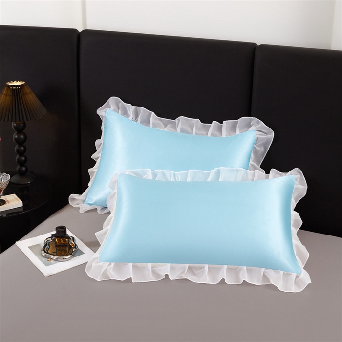 91家纺网 家纺一手货源 找家纺 梦舒羽 2025新款公主风夏季冰丝枕套单人一对装可水洗花边枕头套宿舍48x74cm枕芯套枕头套 花边款-天空蓝