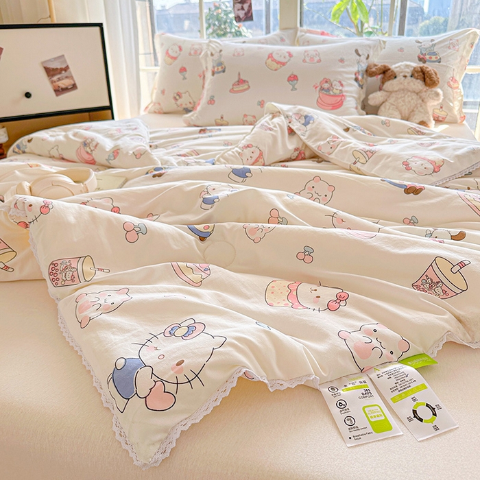 91家纺网 家纺一手货源 找家纺 创优  2025新款有氧双层纱小清新印花小花边夏被夏凉被可机洗空调被子被芯 奶猫