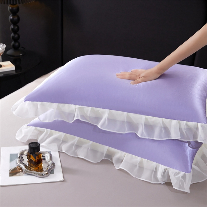 91家纺网 家纺一手货源 找家纺 梦舒羽 2025新款公主风夏季冰丝枕套单人一对装可水洗花边枕头套宿舍48x74cm枕芯套枕头套 花边款-雪青色