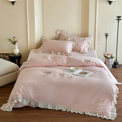 91家纺网 家纺一手货源 找家纺 （总）名品优仓 2025新款纯棉水洗棉双层纱提花手工花韩版花边四件套