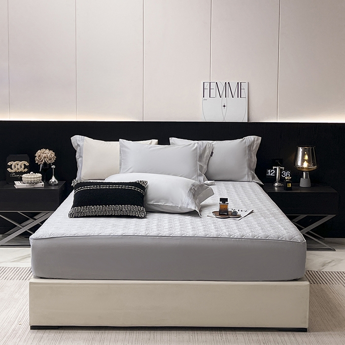 91家纺网 家纺一手货源 找家纺 春夏A类长绒棉夹棉床盖床笠四件套全棉纯棉纯色绗绣四季款保护罩高级感床上用品 瑾雅-蔓帝灰