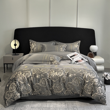 91家纺网 家纺一手货源 找家纺 金阳光家纺 2025新款金丝提花浮雕水洗天丝四件套 花絮-深灰