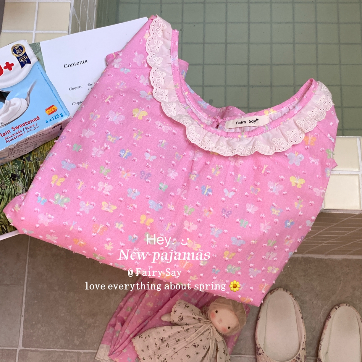 91家纺网 家纺一手货源 找家纺 2025新款全棉纯棉彩色蝴蝶剪花睡衣套装 粉色