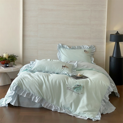 91家纺网 家纺一手货源 找家纺 （总）名品优仓 2025新款全棉华夫格水洗棉双层纱手工花提花韩版花边四件套