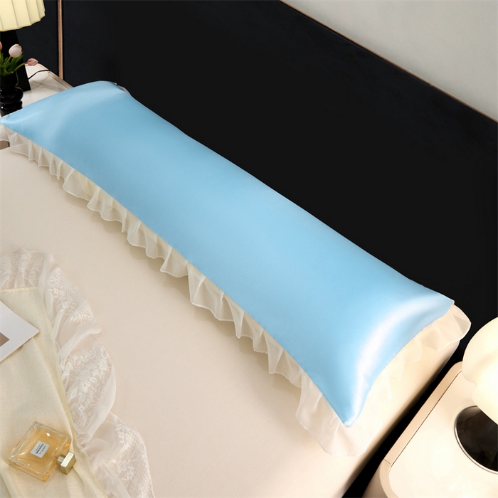 91家纺网 家纺一手货源 找家纺 梦舒羽 2025新款公主风夏季冰丝枕套双人情侣枕头套加长枕芯套1.5m内胆套 花边款-天空蓝