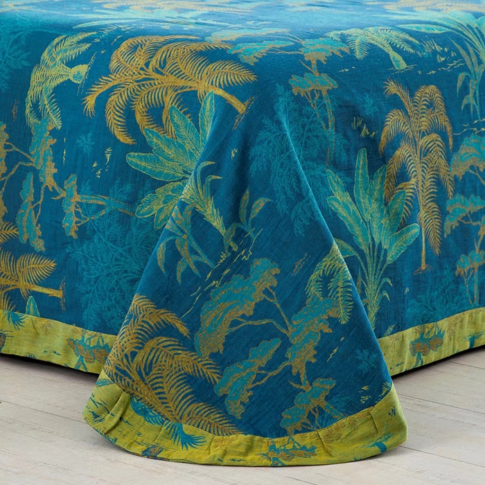 91家纺网 家纺一手货源 找家纺 双层纱家居 2025新款浅色系列双层纱四件套 奇幻丛林蓝