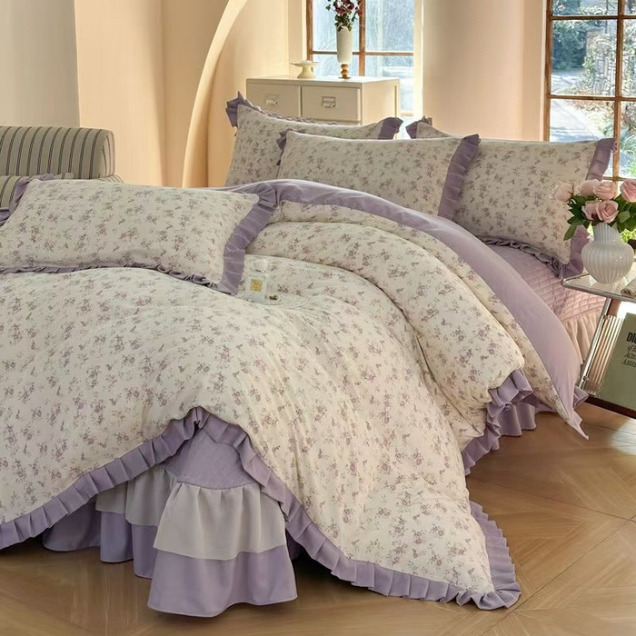 91家纺网 家纺一手货源 找家纺 大麦家纺 2025年新款法式亲肤棉床盖四件套 紫苑