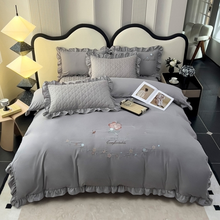 91家纺网 家纺一手货源 找家纺 （总）2025新款韩版刺绣花边夹棉床盖蕾丝边四件套