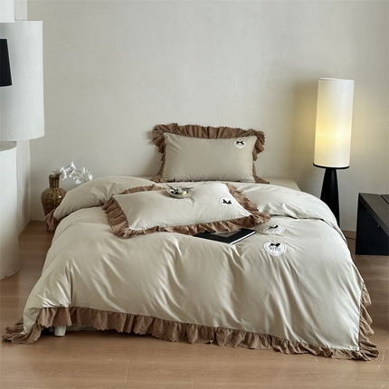 名品优仓 2025新款纯棉水洗棉棉韩版花边绣花 纱提花四件套 心动-夜绿