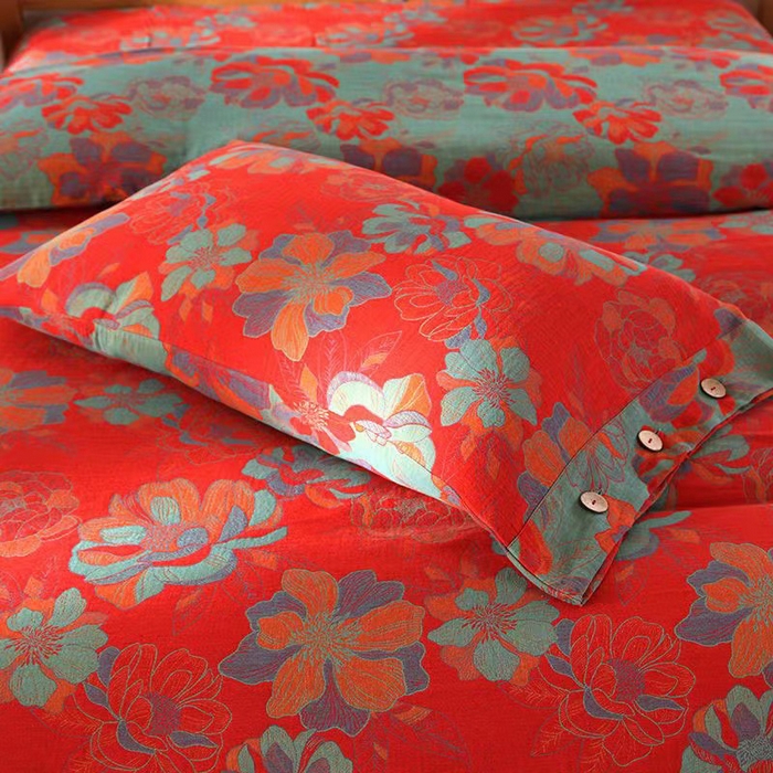 91家纺网 家纺一手货源 找家纺 双层纱家居 2025新款深色系列双层纱四件套 花开富贵