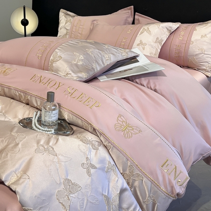 金阳光家纺 2025新款金丝提花浮雕水洗天丝四件套 福蝶-豆沙