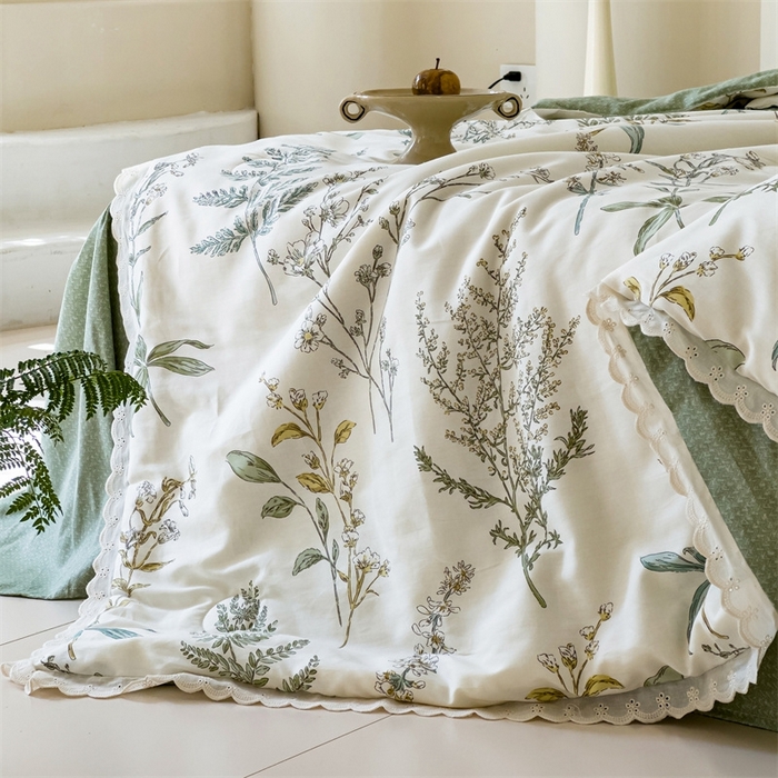 91家纺网 家纺一手货源 找家纺 2025新款全棉花边大豆夏被四件套 春涧