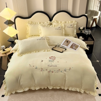 2025新款韩版刺绣花边夹棉床盖蕾丝边四件套 盛若花语-奶白