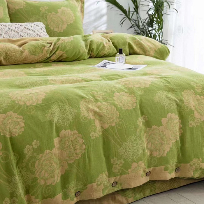 91家纺网 家纺一手货源 找家纺 双层纱家居 2025新款深色系列双层纱四件套 国色天香绿