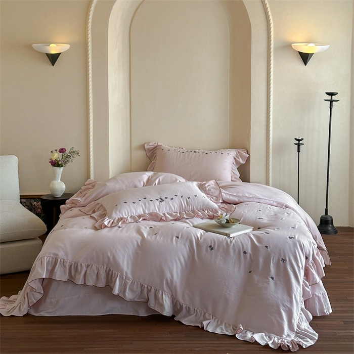 91家纺网 家纺一手货源 找家纺 （总）名品优仓 2025新款纯棉水洗棉双层纱提花韩版花边四件套 玫瑰故事