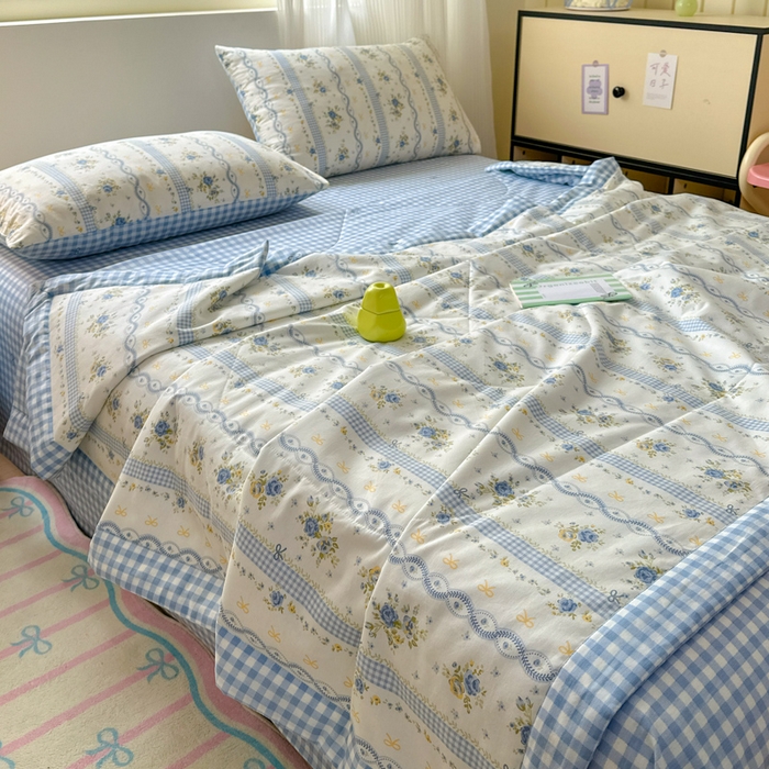 91家纺网 家纺一手货源 找家纺 曼之夏 2025新款全棉印花夏被四件套 蓝铃