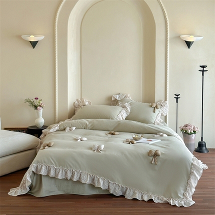 91家纺网 家纺一手货源 找家纺 名品优仓 2025新款纯棉水洗棉双层纱提花韩版花边四件套 思薇 思薇一青瓷绿
