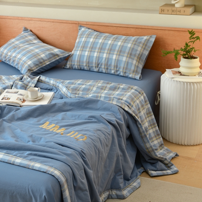 91家纺网 家纺一手货源 找家纺 寐眠2025新款全棉水洗棉刺绣夏被【夏被四件套】 冰晶苍蓝