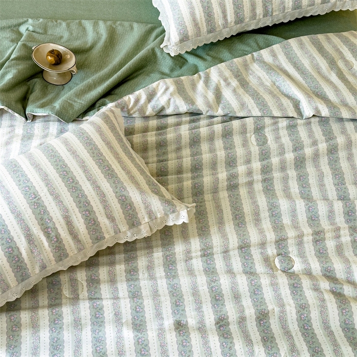 91家纺网 家纺一手货源 找家纺 2025新款全棉花边大豆夏被四件套 半岛茶歇-绿