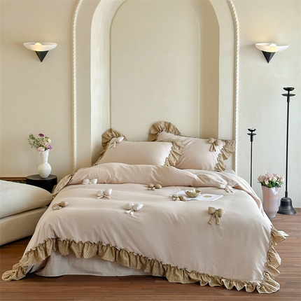 名品优仓 2025新款纯棉水洗棉双层纱提花韩版花边四件套 思薇 思薇一黎沙棕