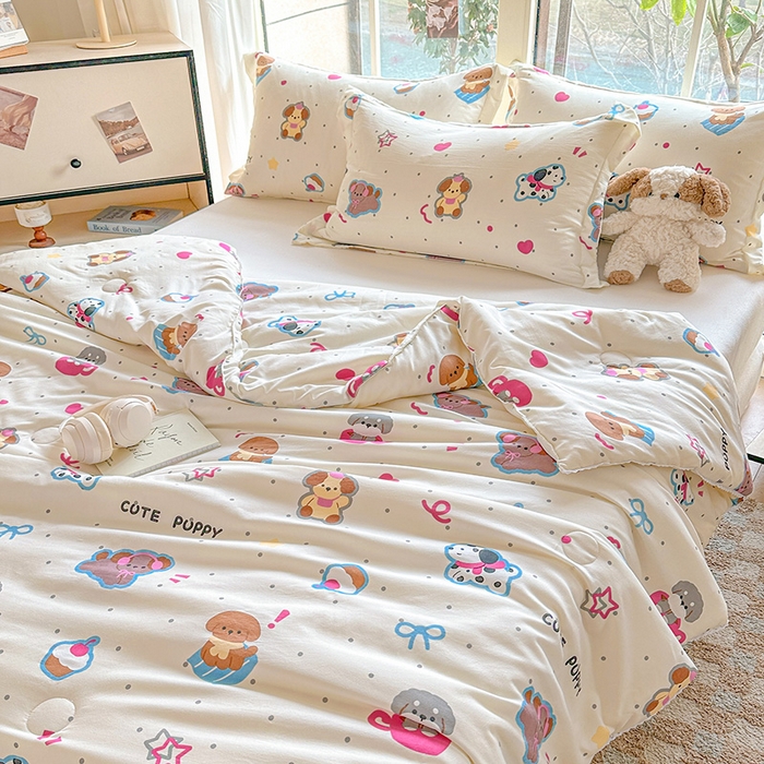 91家纺网 家纺一手货源 找家纺 创优  2025新款有氧双层纱小清新印花小花边夏被夏凉被可机洗空调被子被芯 多彩小汪