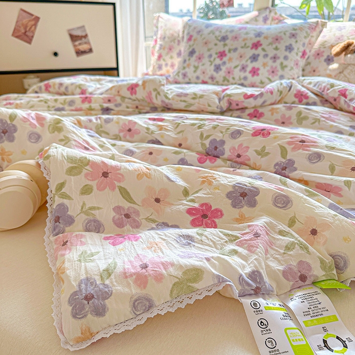 91家纺网 家纺一手货源 找家纺 创优  2025新款有氧双层纱小清新印花小花边夏被夏凉被可机洗空调被子被芯 满心欢喜