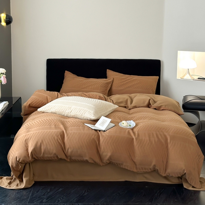 91家纺网 家纺一手货源 找家纺 例外Home 2025新款全棉提花四件套-鱼骨纹 鱼骨纹-太妃咖