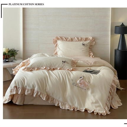 91家纺网 家纺一手货源 找家纺 （总）名品优仓 2025新款全棉华夫格水洗棉双层纱手工花提花韩版花边四件套