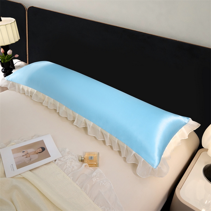 91家纺网 家纺一手货源 找家纺 梦舒羽 2025新款公主风夏季冰丝枕套双人情侣枕头套加长枕芯套1.5m内胆套 花边款-天空蓝