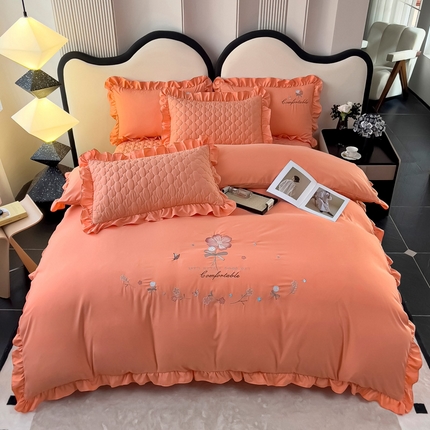 91家纺网 家纺一手货源 找家纺 （总）2025新款韩版刺绣花边夹棉床盖蕾丝边四件套