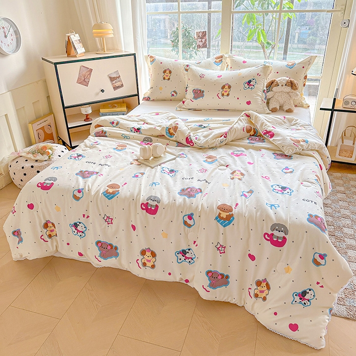 91家纺网 家纺一手货源 找家纺 创优  2025新款有氧双层纱小清新印花小花边夏被夏凉被可机洗空调被子被芯 多彩小汪