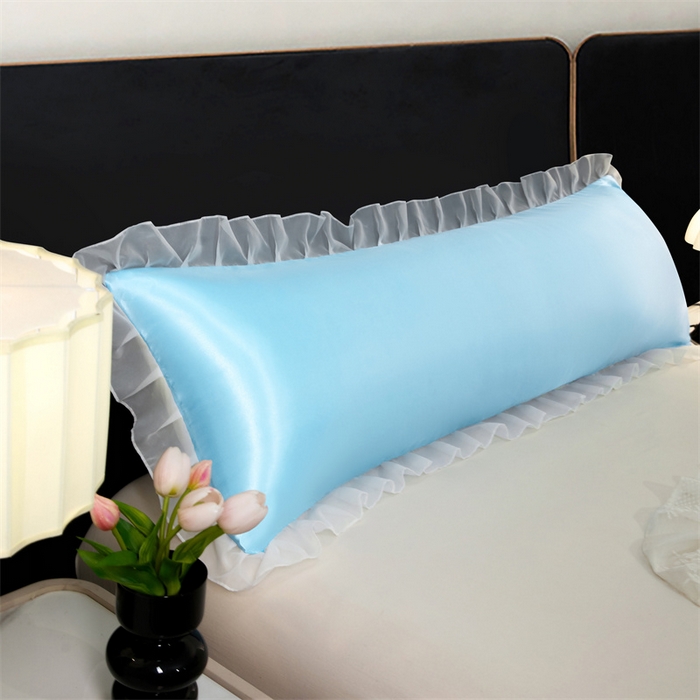 91家纺网 家纺一手货源 找家纺 梦舒羽 2025新款公主风夏季冰丝枕套双人情侣枕头套加长枕芯套1.5m内胆套 花边款-天空蓝