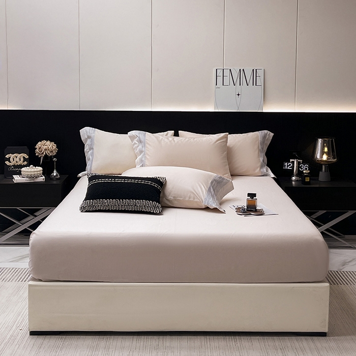 91家纺网 家纺一手货源 找家纺 春夏A类长绒棉夹棉床盖床笠四件套全棉纯棉纯色绗绣四季款保护罩高级感床上用品 瑾雅-静谧粉