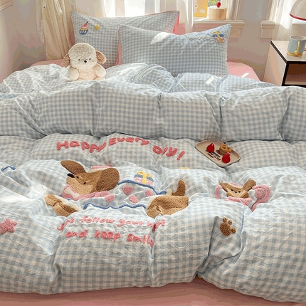 91家纺网 家纺一手货源 找家纺 （总） 2025新款水洗棉猫咪毛巾绣四件套