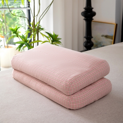 枕之坊 2025新款水洗全棉纯棉高低颈椎纯荞麦枕枕头枕芯 格子粉28x50x（6-10）cm/只