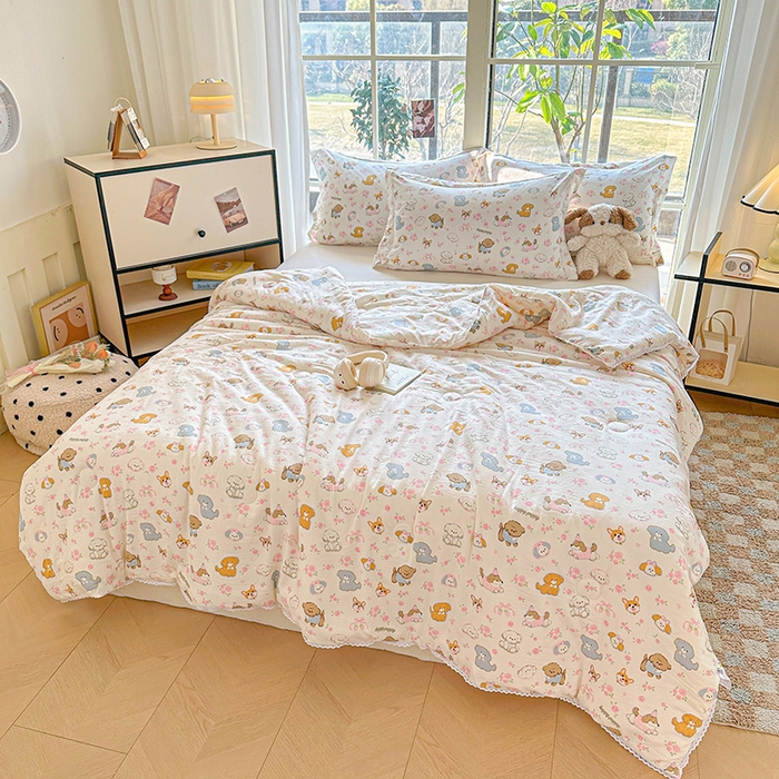 91家纺网 家纺一手货源 找家纺 创优  2025新款有氧双层纱小清新印花小花边夏被夏凉被可机洗空调被子被芯 童趣绘彩