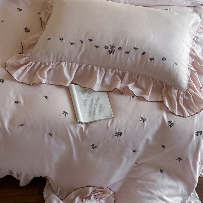 91家纺网 家纺一手货源 找家纺 （总）名品优仓 2025新款纯棉水洗棉双层纱提花韩版花边四件套 玫瑰故事