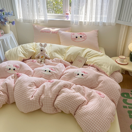  2025新款水洗棉猫咪毛巾绣四件套 奶油黄喵咪