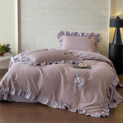 91家纺网 家纺一手货源 找家纺 （总）名品优仓 2025新款全棉华夫格水洗棉双层纱手工花提花韩版花边四件套