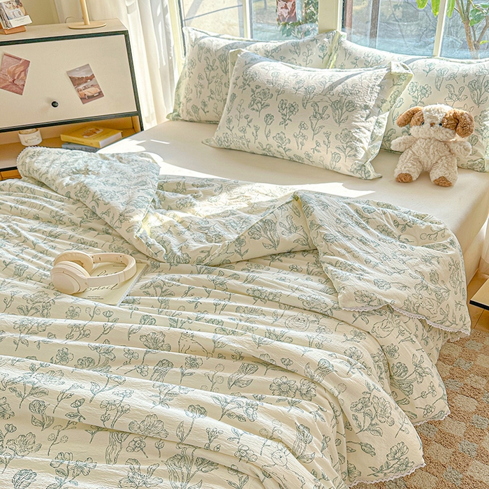 91家纺网 家纺一手货源 找家纺 创优  2025新款有氧双层纱小清新印花小花边夏被夏凉被可机洗空调被子被芯 海岛森林