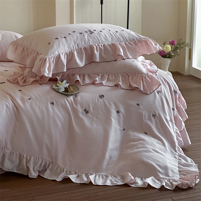 91家纺网 家纺一手货源 找家纺 （总）名品优仓 2025新款纯棉水洗棉双层纱提花韩版花边四件套 玫瑰故事