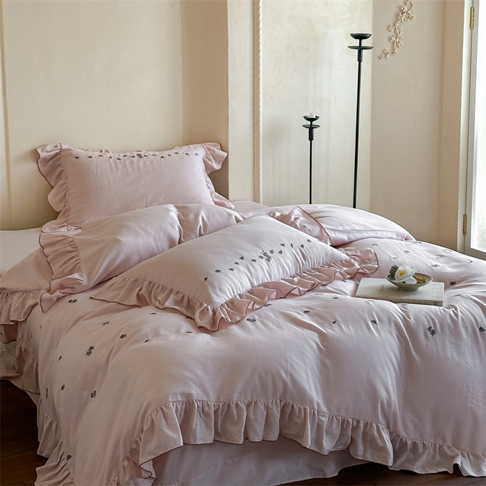 91家纺网 家纺一手货源 找家纺 （总）名品优仓 2025新款纯棉水洗棉双层纱提花韩版花边四件套 玫瑰故事