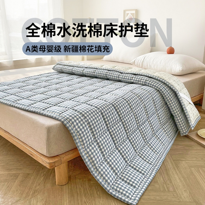 91家纺网 家纺一手货源 找家纺 丽诺 2024新款全棉色织棉花床护垫 全棉色织水洗棉-蓝小格