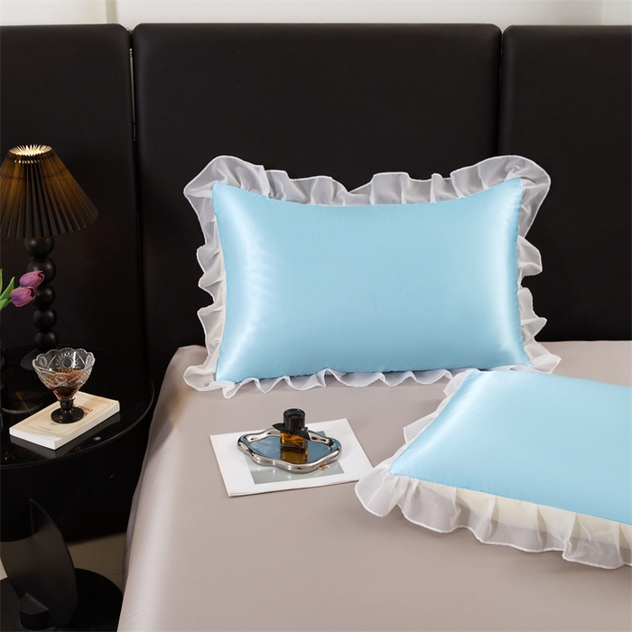 91家纺网 家纺一手货源 找家纺 梦舒羽 2025新款公主风夏季冰丝枕套单人一对装可水洗花边枕头套宿舍48x74cm枕芯套枕头套 花边款-天空蓝